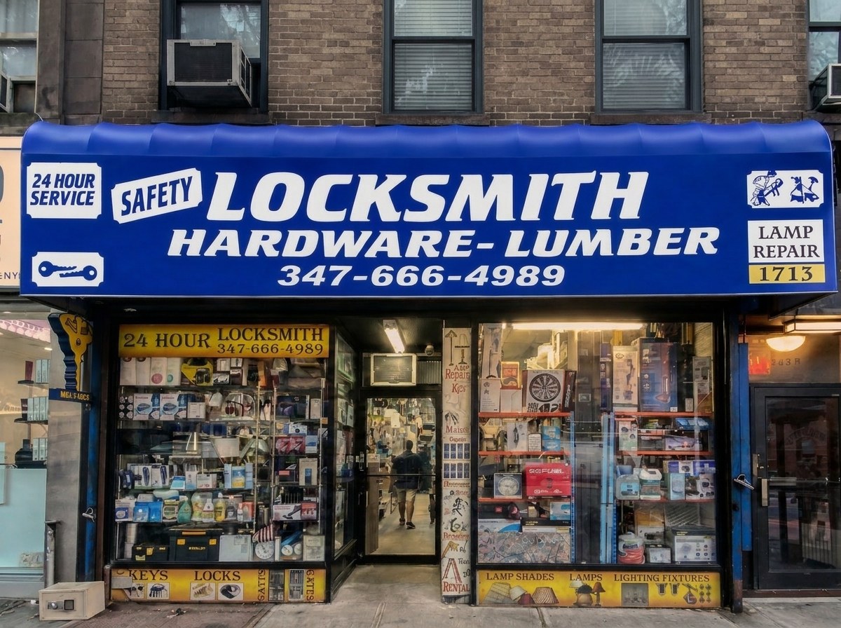 The Safety Locksmith and Hardware storefront with its blue awning on the Upper East Side