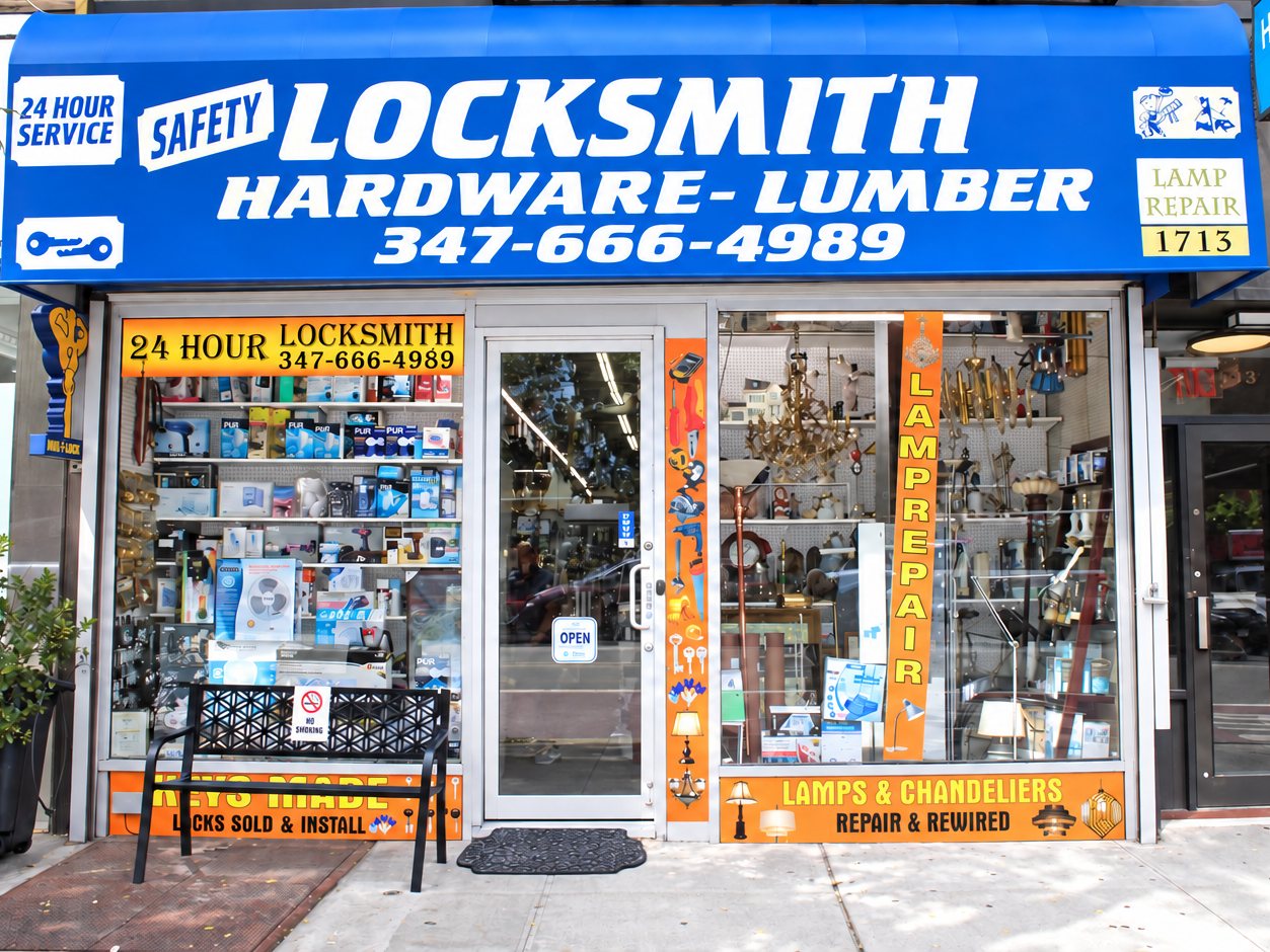 The Safety Locksmith and Hardware storefront with its blue awning on the Upper East Side